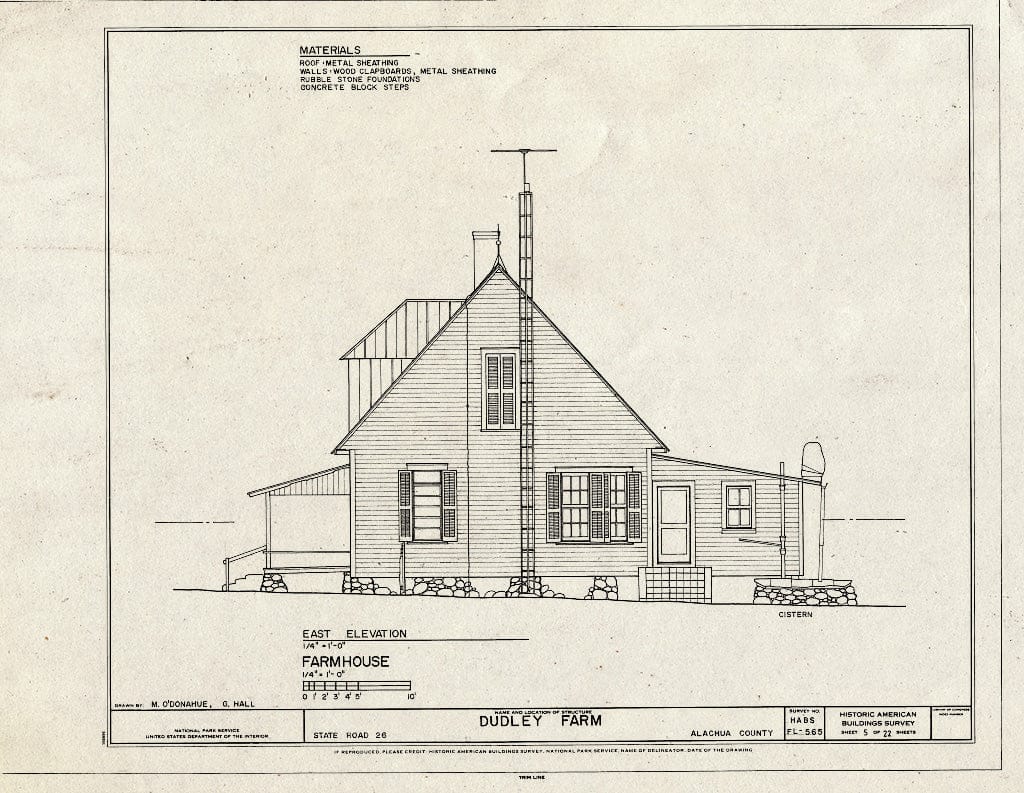 Blueprint Farmhouse - East Elevation - Dudley Farm, Farmhouse & Outbuildings, 18730 West Newberry Road, Newberry, Alachua County, FL