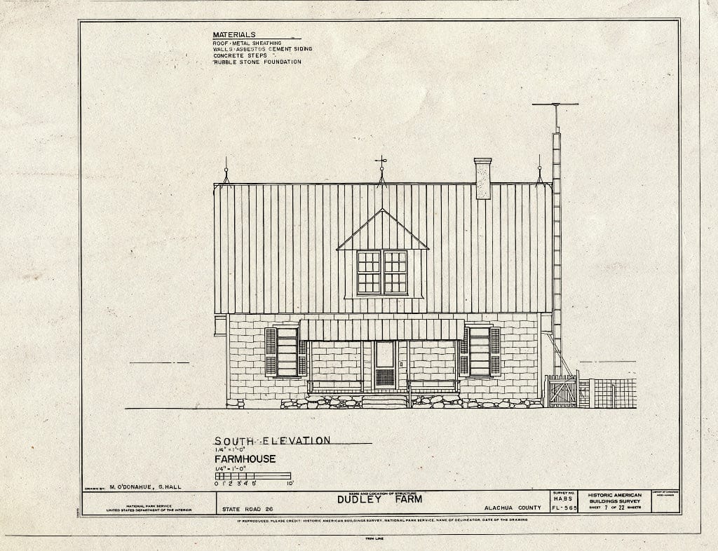 Blueprint Farmhouse - South Elevation - Dudley Farm, Farmhouse & Outbuildings, 18730 West Newberry Road, Newberry, Alachua County, FL