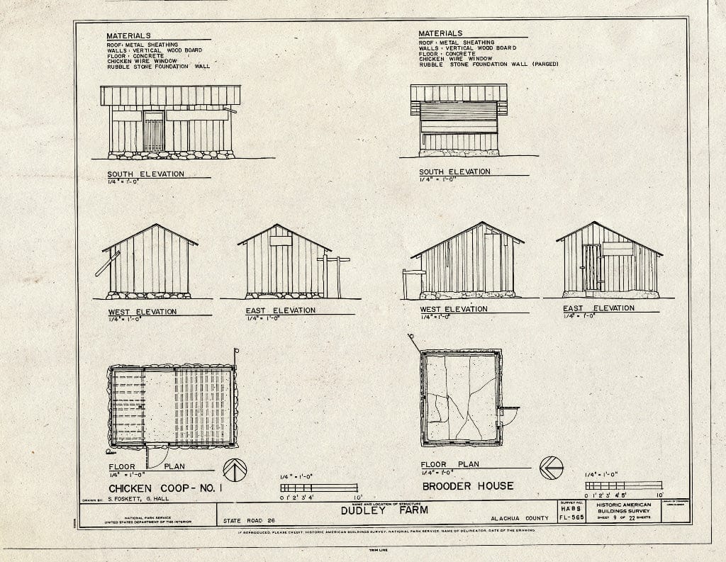 Blueprint Chicken Coop No. 1 & Brooder House - Elevations & Floor Plans - Dudley Farm, Farmhouse & Outbuildings, 18730 West Newberry Road, Newberry, Alachua County, FL