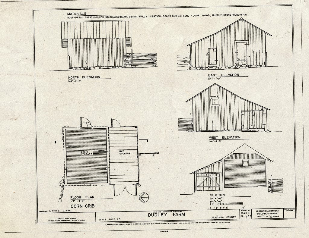 Blueprint Corn Crib - Elevations, Floor Plan & Section - Dudley Farm, Farmhouse & Outbuildings, 18730 West Newberry Road, Newberry, Alachua County, FL