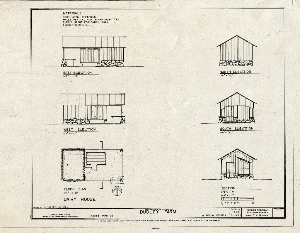 Blueprint Dairy House - Elevations, Floor Plan & Section - Dudley Farm, Farmhouse & Outbuildings, 18730 West Newberry Road, Newberry, Alachua County, FL