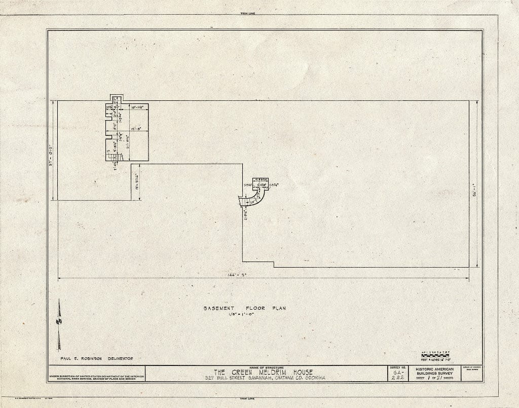 Blueprint 1. Basement Floor Plan - Green-Meldrim House, 327 Bull Street, Savannah, Chatham County, GA