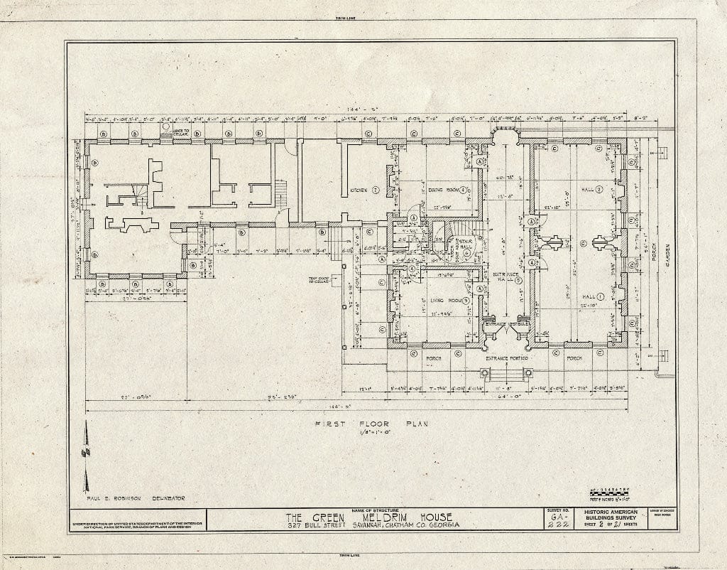 Blueprint 2. First Floor Plan - Green-Meldrim House, 327 Bull Street, Savannah, Chatham County, GA