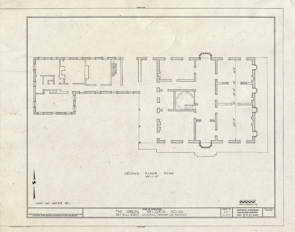 Blueprint 3. Second Floor Plan - Green-Meldrim House, 327 Bull Street, Savannah, Chatham County, GA