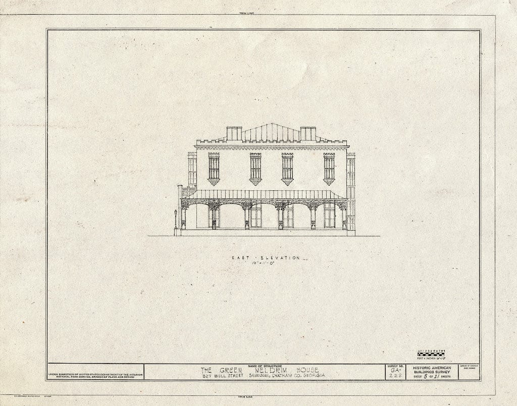 Blueprint 5. East Elevation - Green-Meldrim House, 327 Bull Street, Savannah, Chatham County, GA