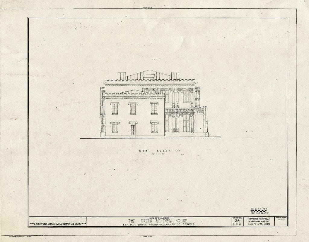 Blueprint 7. West Elevation - Green-Meldrim House, 327 Bull Street, Savannah, Chatham County, GA