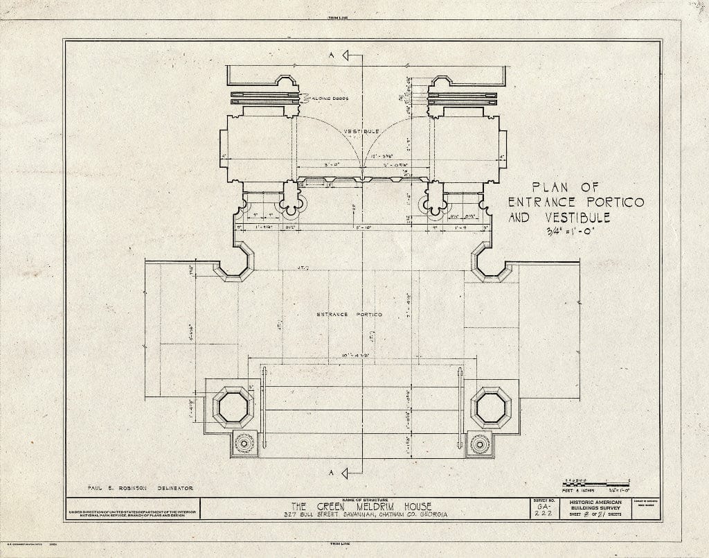 Blueprint 8. Entrance Portico and Vestibule Plan - Green-Meldrim House, 327 Bull Street, Savannah, Chatham County, GA