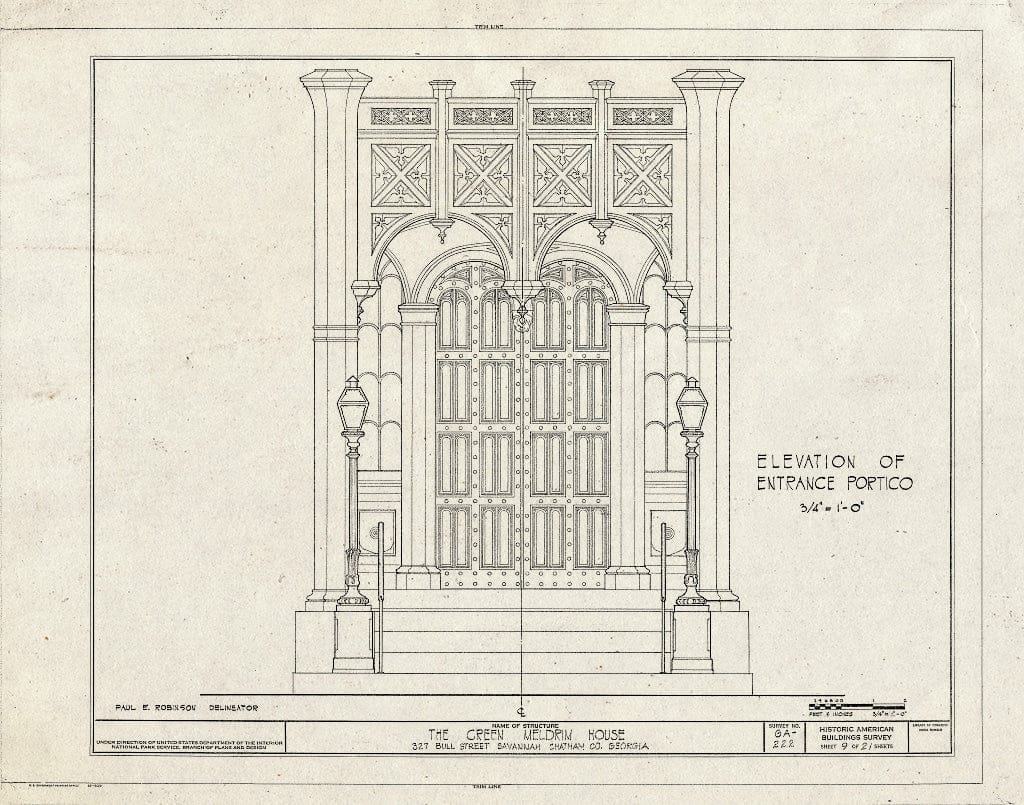 Blueprint 9. Entrance Portico Elevation - Green-Meldrim House, 327 Bull Street, Savannah, Chatham County, GA