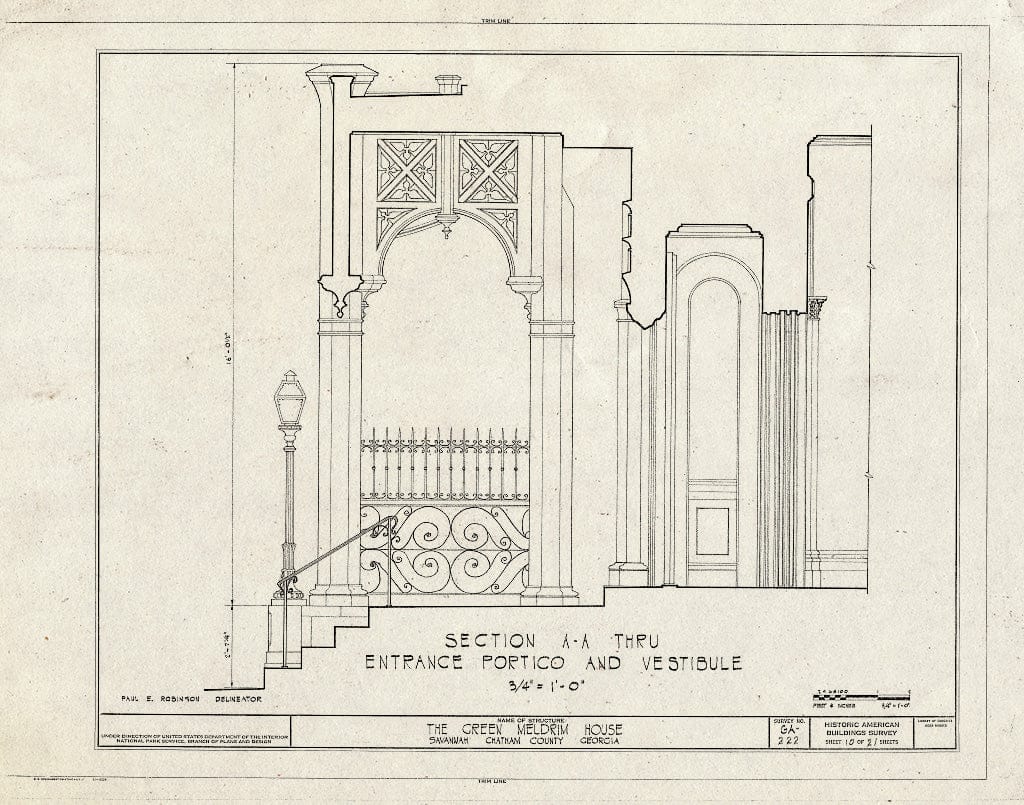 Blueprint 10. Entrance Portico and Vestibule Section A-A - Green-Meldrim House, 327 Bull Street, Savannah, Chatham County, GA