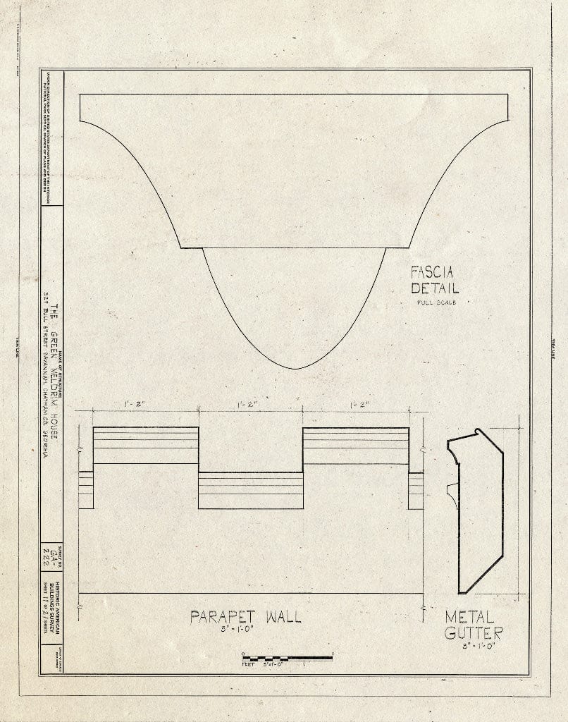 Blueprint 11. Fascia, Parapet Wall, and Gutter Details - Green-Meldrim House, 327 Bull Street, Savannah, Chatham County, GA