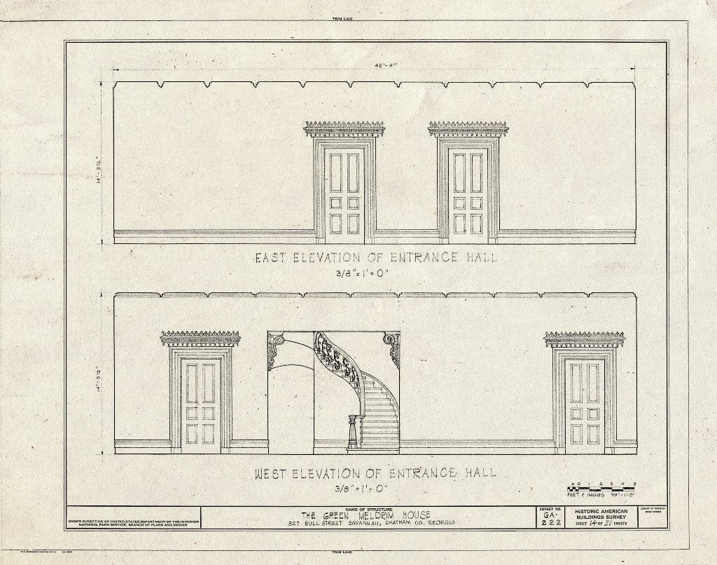 Blueprint 14. Entrance Hall East and west elevations - Green-Meldrim House, 327 Bull Street, Savannah, Chatham County, GA