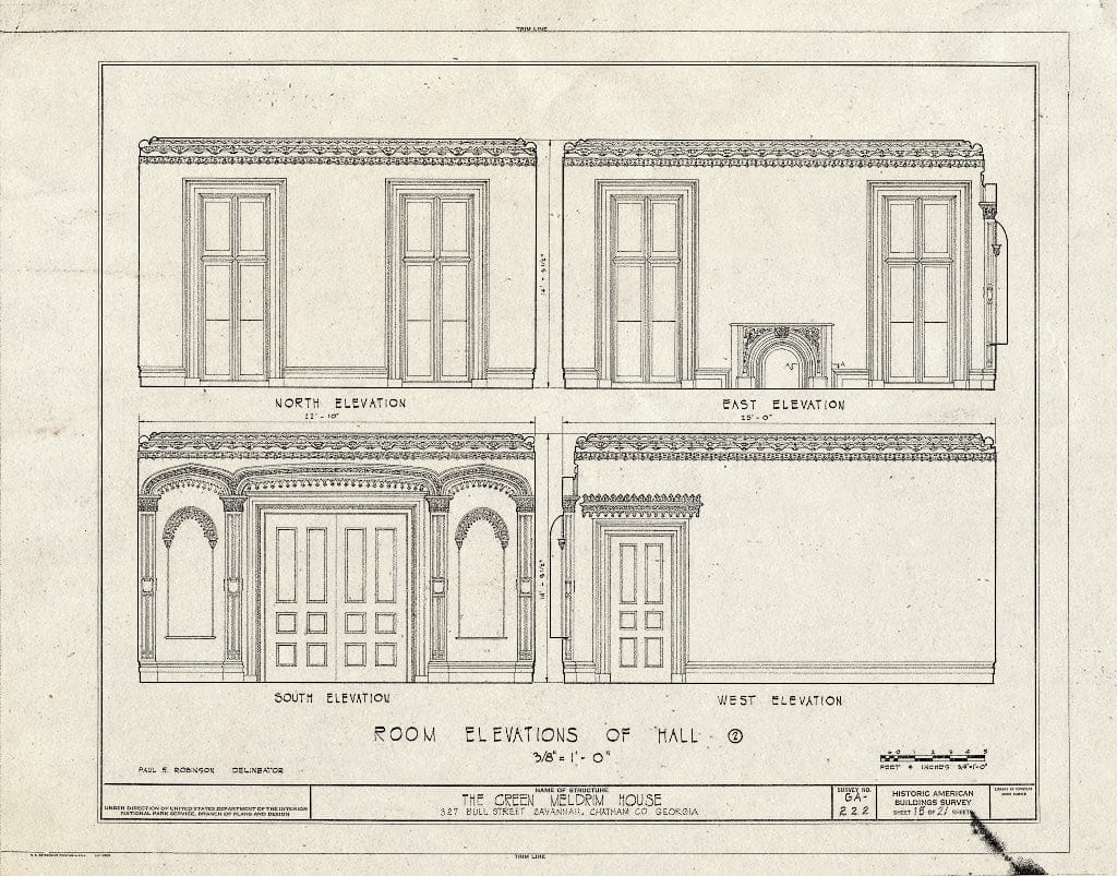 Blueprint 15. Hall 2 elevations - Green-Meldrim House, 327 Bull Street, Savannah, Chatham County, GA