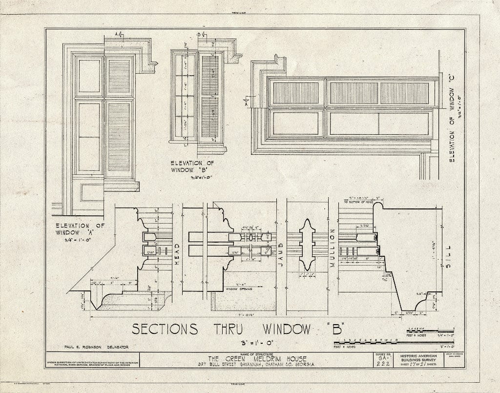 Blueprint 17. Window B Sections; Windows A, B, and C elevations - Green-Meldrim House, 327 Bull Street, Savannah, Chatham County, GA