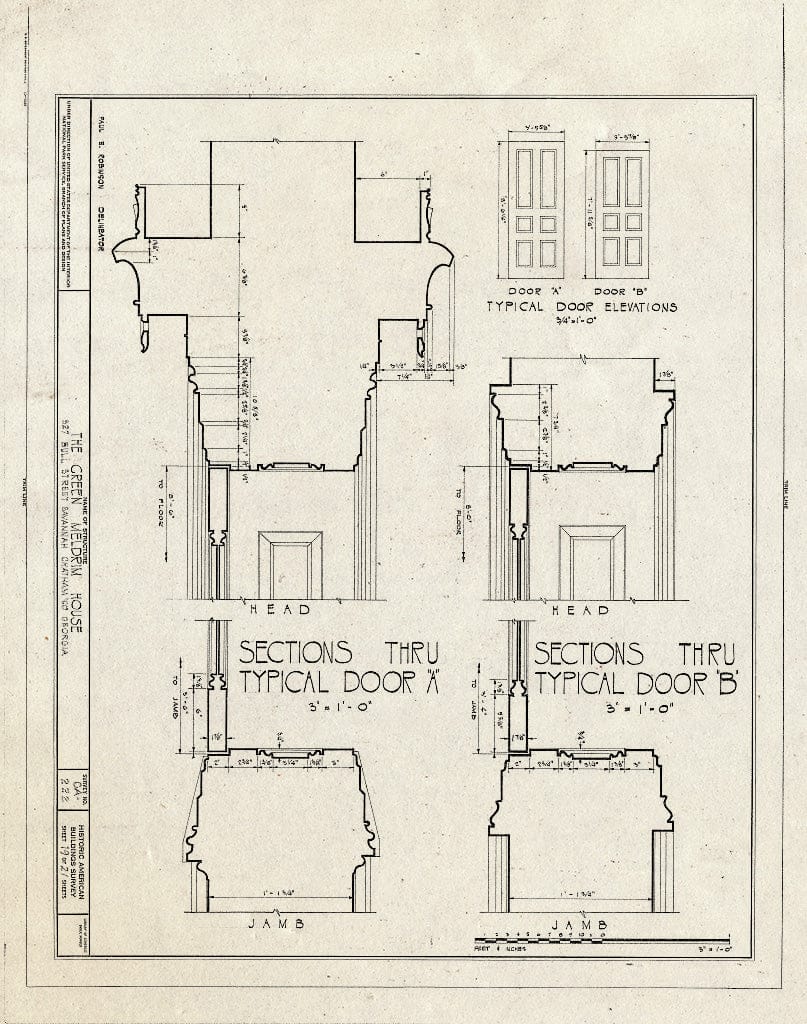 Blueprint 19. Typical Doors A and B, Sections and elevations - Green-Meldrim House, 327 Bull Street, Savannah, Chatham County, GA