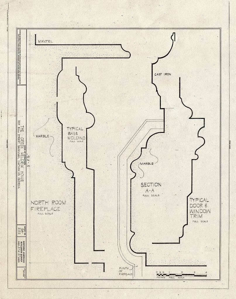 Blueprint 21. North Fireplace Room Details - Green-Meldrim House, 327 Bull Street, Savannah, Chatham County, GA