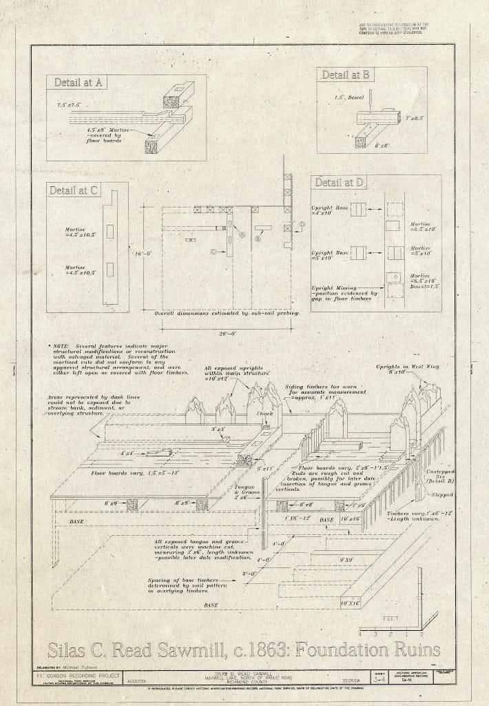 Blueprint Foundation Ruin Details - Silas C. Read Sawmill, Outlet of Maxwell Lake Near North Range Road, Fort Gordon, Richmond County, GA