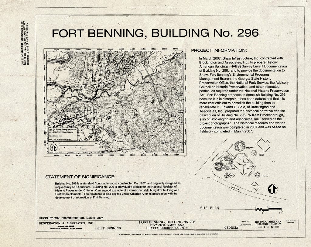 Blueprint Cover Sheet & site Plan - Fort Benning, Building No. 296, Hunt Club, Marne Road, Fort Benning Military Reservation, Chattahoochee County, GA