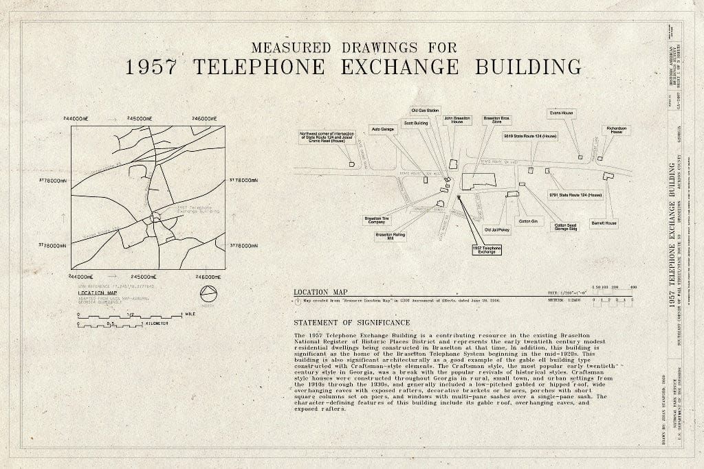 Blueprint Cover Sheet & map - 1957 Telephone Exchange Building, Southeast Corner of Wall Street & State Route 53, Braselton, Jackson County, GA