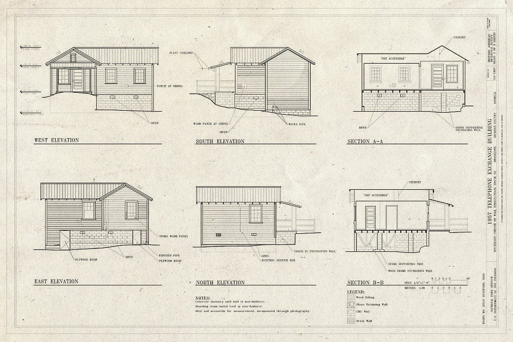 Blueprint Elevations and Sections - 1957 Telephone Exchange Building, Southeast Corner of Wall Street & State Route 53, Braselton, Jackson County, GA