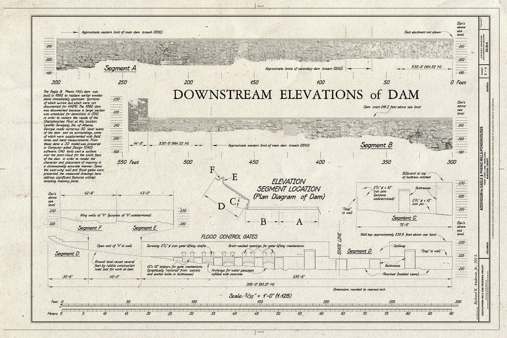 Blueprint Downstream Elevations of Dam, Elevation Segment Location - Eagle & Phenix Mills, Dam, Front Street (1200-1300 Blocks), Columbus, Muscogee County, GA