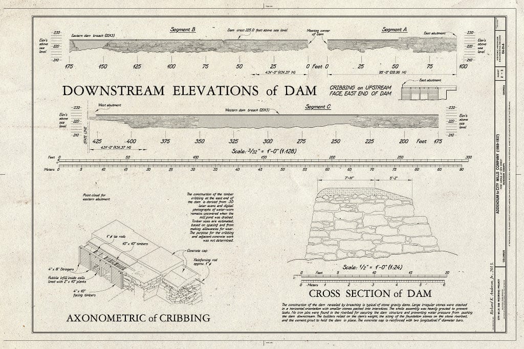 Blueprint Downstream Elevations of Dam, Axonometric of Cribbing, Cross Section of Dam - City Mills Company, Dam, Eighteenth Street & First Avenue, Columbus, Muscogee County, GA