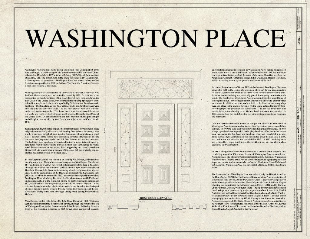 Blueprint Cover Sheet Text and Detail Showing Front Door Elevation - Washington Place, 320 South Beretania Street, Honolulu, Honolulu County, HI