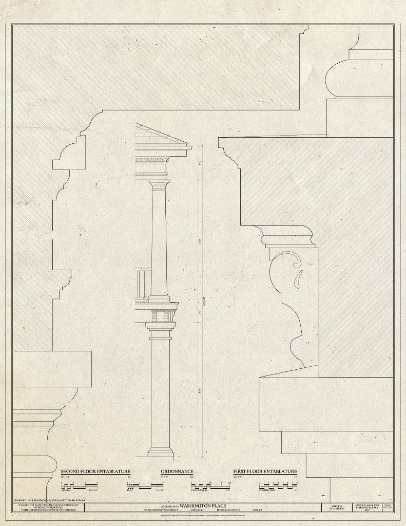 Blueprint Details, Second Floor Entablature, Ordonnance, First Floor Entablature - Washington Place, 320 South Beretania Street, Honolulu, Honolulu County, HI