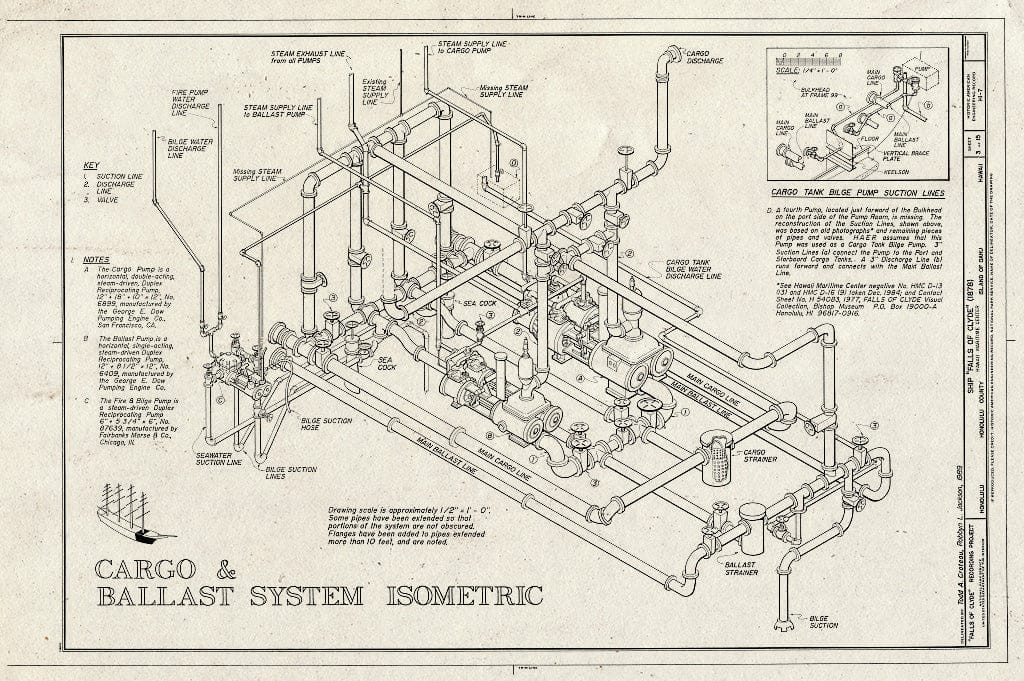 Blueprint Cargo and Ballast System Isometric - Ship Falls of Clyde, Hawaii Maritime Center, Pier 7, Honolulu, Honolulu County, HI