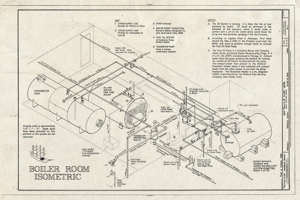 Blueprint Boiler Room Isometric - Ship Falls of Clyde, Hawaii Maritime Center, Pier 7, Honolulu, Honolulu County, HI