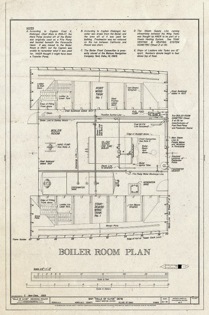 Blueprint Boiler Room Plan - Ship Falls of Clyde, Hawaii Maritime Center, Pier 7, Honolulu, Honolulu County, HI