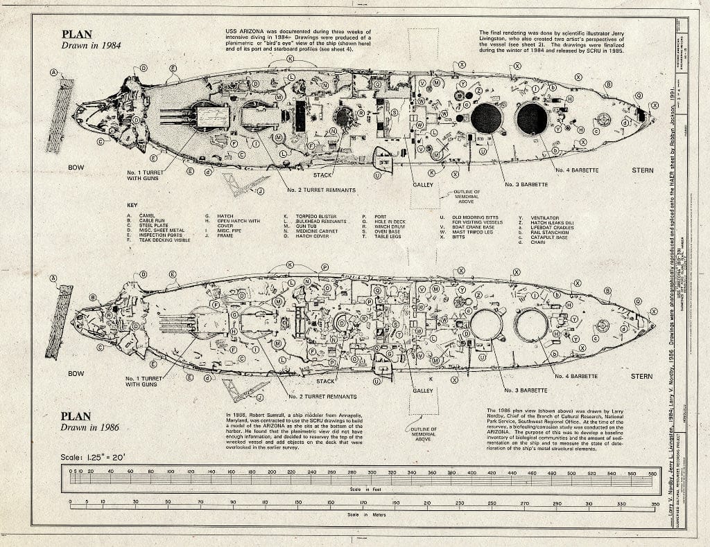 Blueprint 3. Plan, Drawn in 1984; Plan, Drawn in 1986 - USS Arizona, Submerged Off Ford Island, Pearl Harbor, Honolulu, Honolulu County, HI