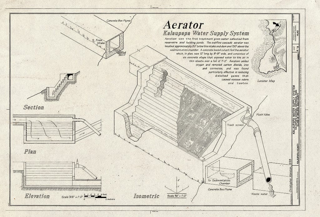 Blueprint 6. Aerator: Section, Plan, Elevation, Isometric - Kalaupapa Water Supply System, Waikolu Valley to Kalaupapa Settlement, Island of Molokai, Kalaupapa, Kalawao County, HI