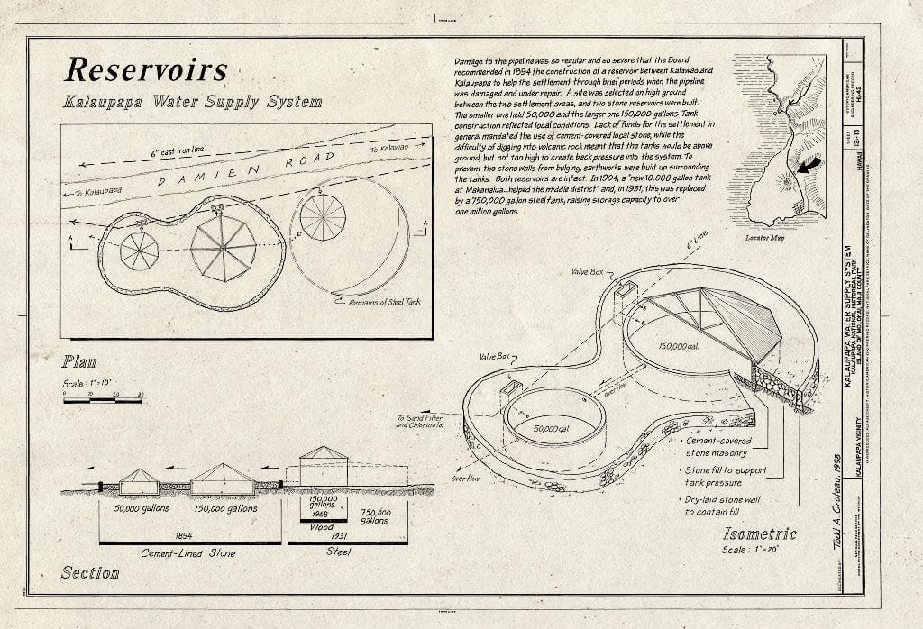 Blueprint 12. Reservoirs: Plan, Section, Isometric - Kalaupapa Water Supply System, Waikolu Valley to Kalaupapa Settlement, Island of Molokai, Kalaupapa, Kalawao County, HI