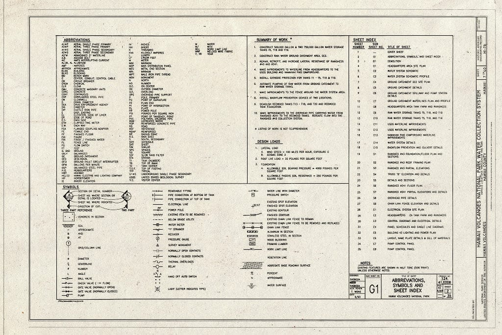 Blueprint Abbreviations, Symbols and Sheet Index - Hawaii Volcanoes National Park Water Collection System, Hawaii Volcanoes National Park, Volcano, Hawaii County, HI