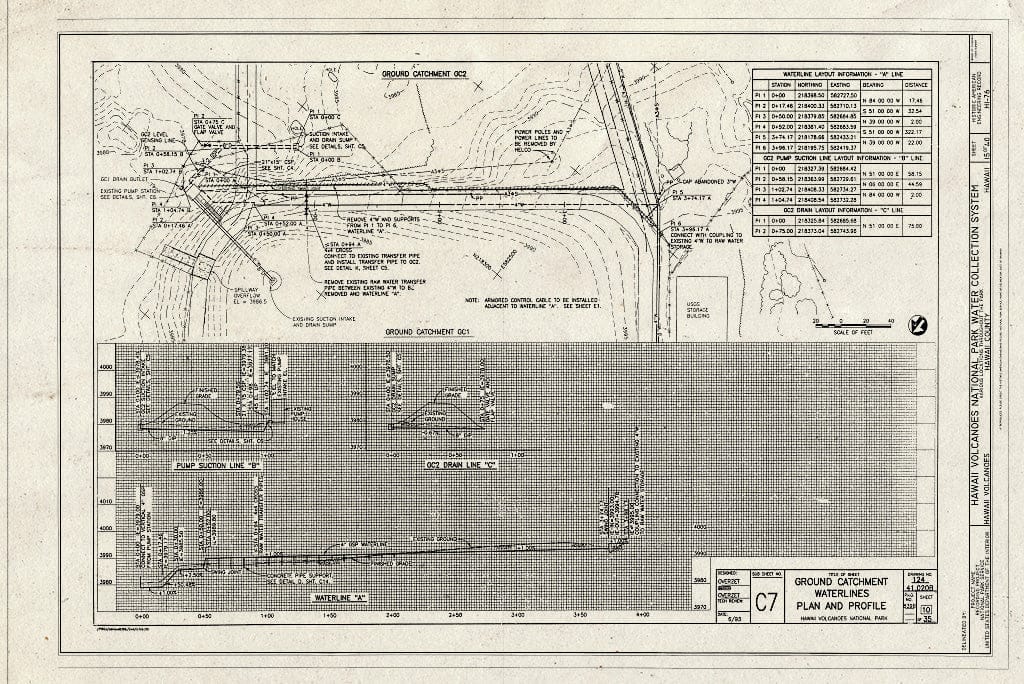 Blueprint Ground Catchment Waterlines Plan and Profile - Hawaii Volcanoes National Park Water Collection System, Hawaii Volcanoes National Park, Volcano, Hawaii County, HI