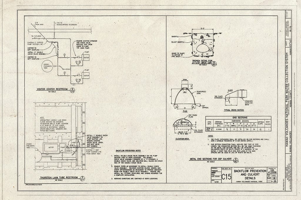 Blueprint Backflow Prevention and Culvert Details - Hawaii Volcanoes National Park Water Collection System, Hawaii Volcanoes National Park, Volcano, Hawaii County, HI