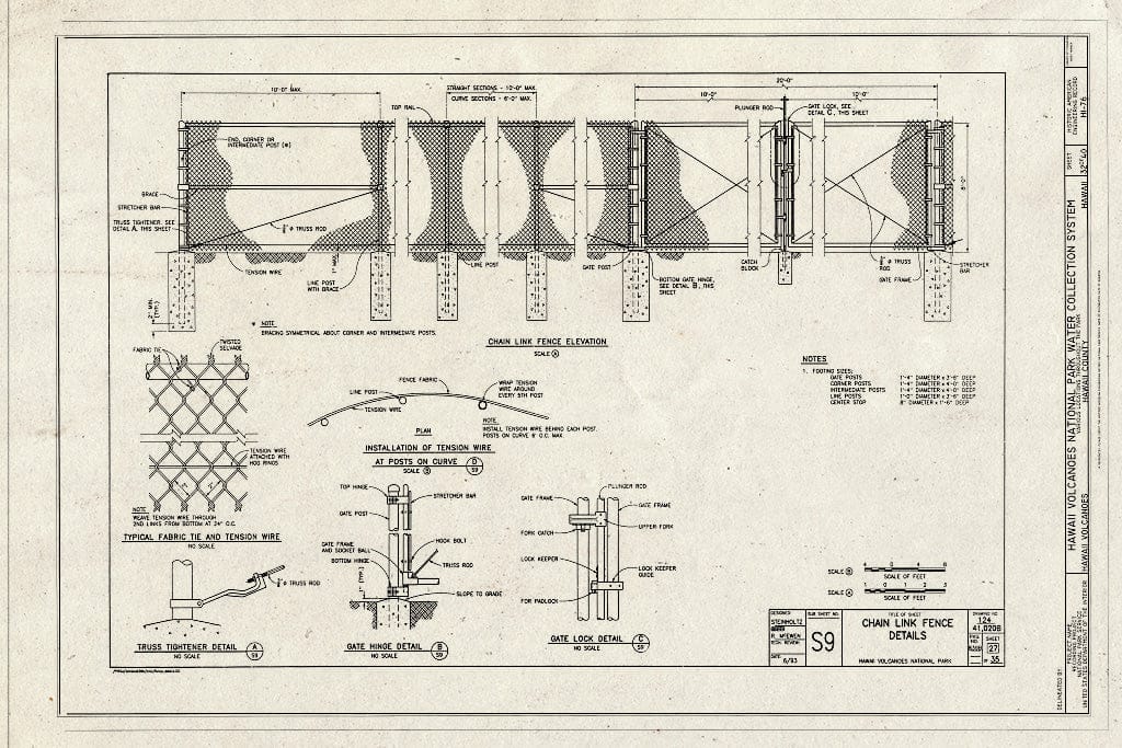 Blueprint Chain Link Fence Details - Hawaii Volcanoes National Park Water Collection System, Hawaii Volcanoes National Park, Volcano, Hawaii County, HI