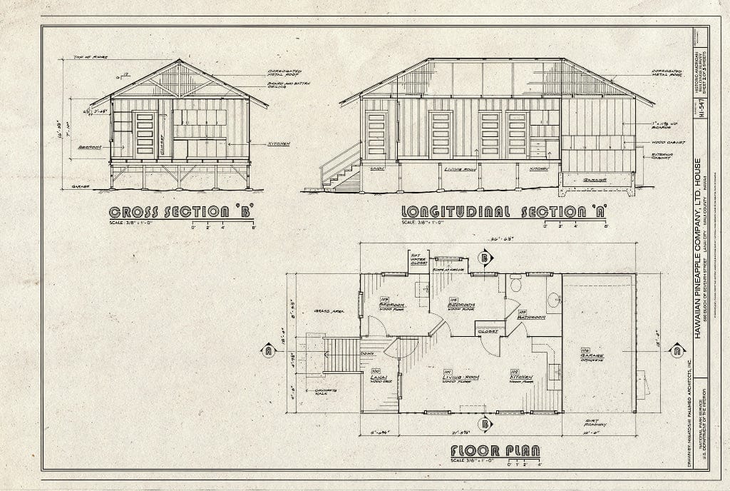 Blueprint Floor Plan and Sections - Hawaiian Pineapple Company (HAPCO) Ltd. House, 644 Lanai Avenue, Lanai City, Maui County, HI