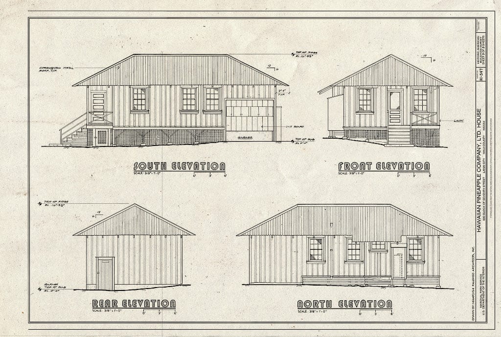 Blueprint Elevations - Hawaiian Pineapple Company (HAPCO) Ltd. House, 644 Lanai Avenue, Lanai City, Maui County, HI