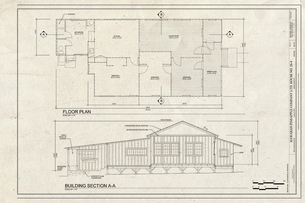 Blueprint Floor Plan and Section - Hawaiian Pineapple Company (HAPCO) Ltd. House No. 26-4, 605 Lanai Avenue, Lanai City, Maui County, HI