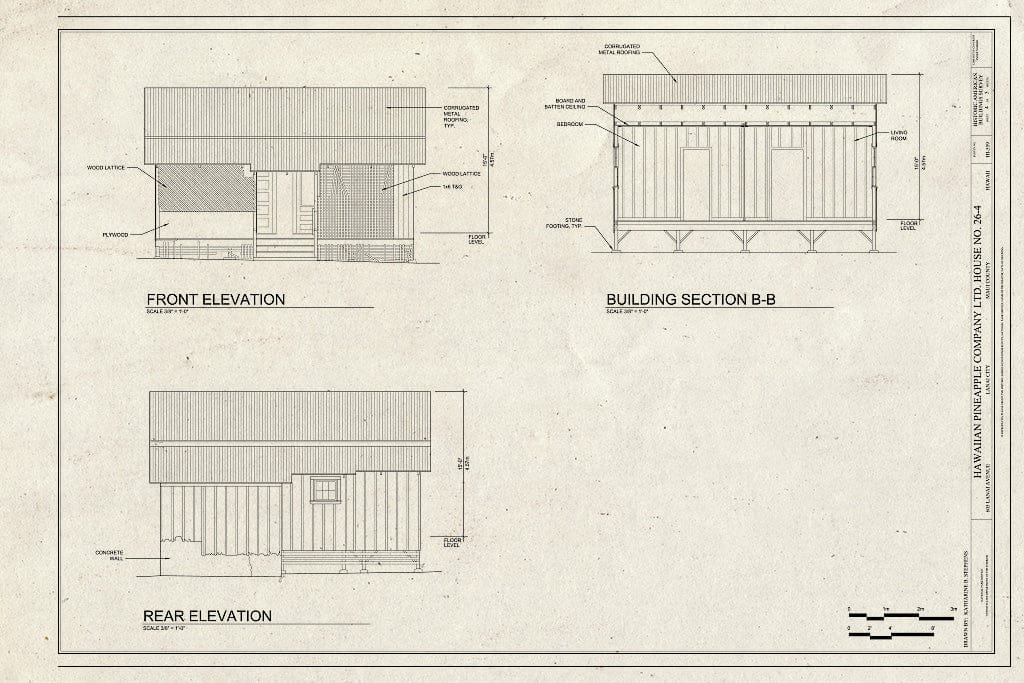 Blueprint Front and Rear Elevations, Section - Hawaiian Pineapple Company (HAPCO) Ltd. House No. 26-4, 605 Lanai Avenue, Lanai City, Maui County, HI