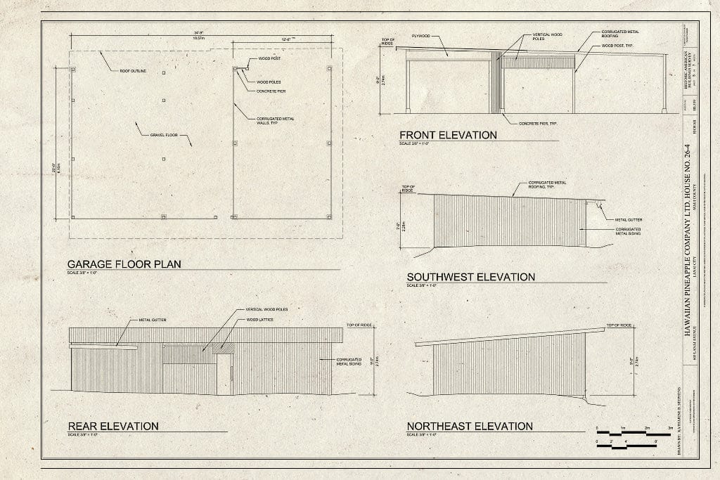 Blueprint Garage Elevations and Floorplan - Hawaiian Pineapple Company (HAPCO) Ltd. House No. 26-4, 605 Lanai Avenue, Lanai City, Maui County, HI