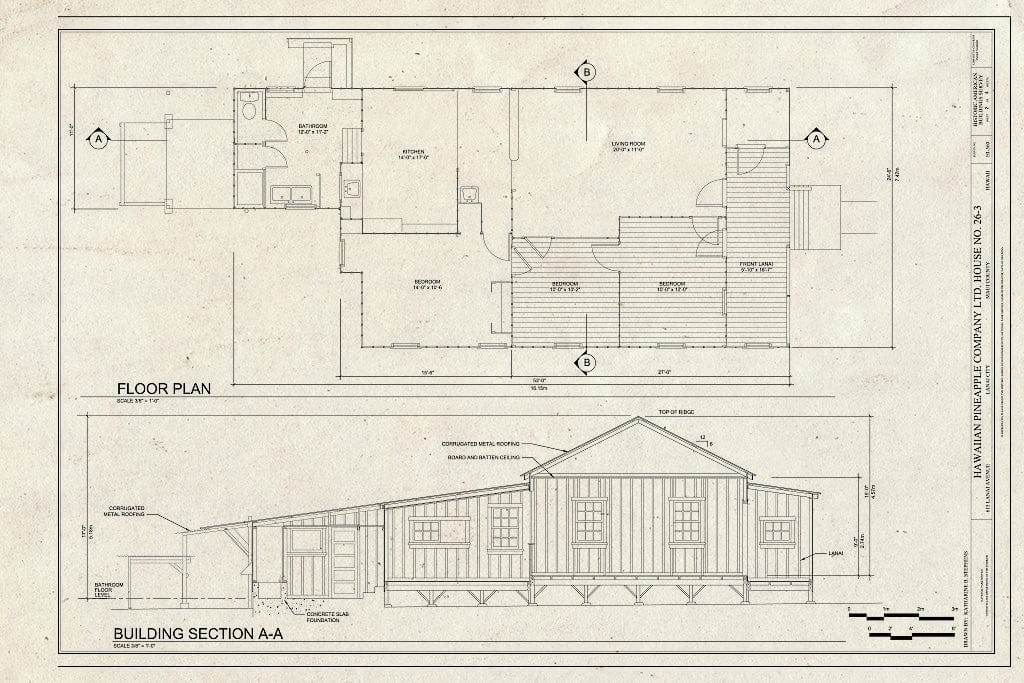 Blueprint Floor Plan and Section - Hawaiian Pineapple Company (HAPCO) Ltd. House No. 26-3, 615 Lanai Avenue, Lanai City, Maui County, HI