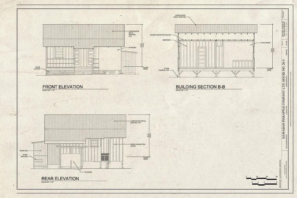 Blueprint Front and Rear Elevations and Section - Hawaiian Pineapple Company (HAPCO) Ltd. House No. 26-3, 615 Lanai Avenue, Lanai City, Maui County, HI