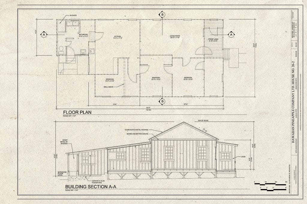 Blueprint Floor Plan and Section - Hawaiian Pineapple Company (HAPCO) Ltd. House No. 26-2, 623 Lanai Avenue, Lanai City, Maui County, HI