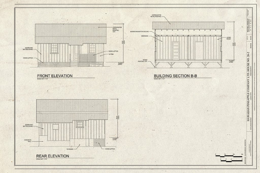 Blueprint Front and Rear Elevations and Section - Hawaiian Pineapple Company (HAPCO) Ltd. House No. 26-2, 623 Lanai Avenue, Lanai City, Maui County, HI