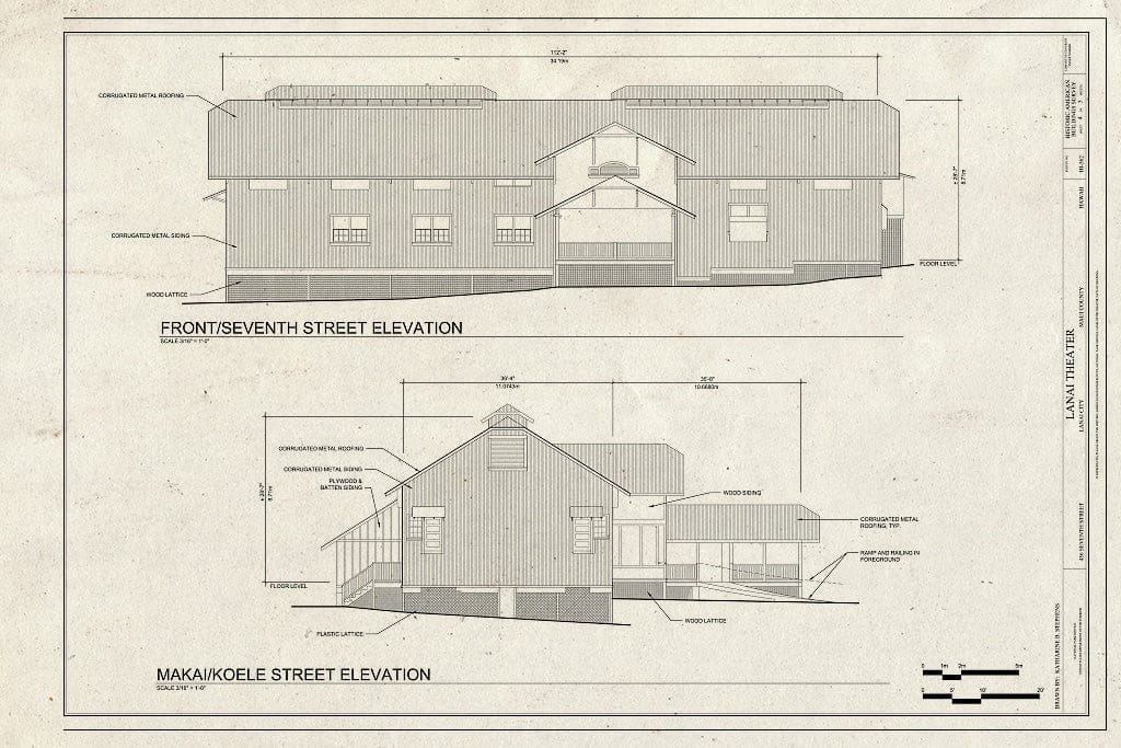 Blueprint Front/Seventh Street Elevation and Makai/Koele Street Elevation - Lanai Theater, 456 Seventh Street, Lanai City, Maui County, HI