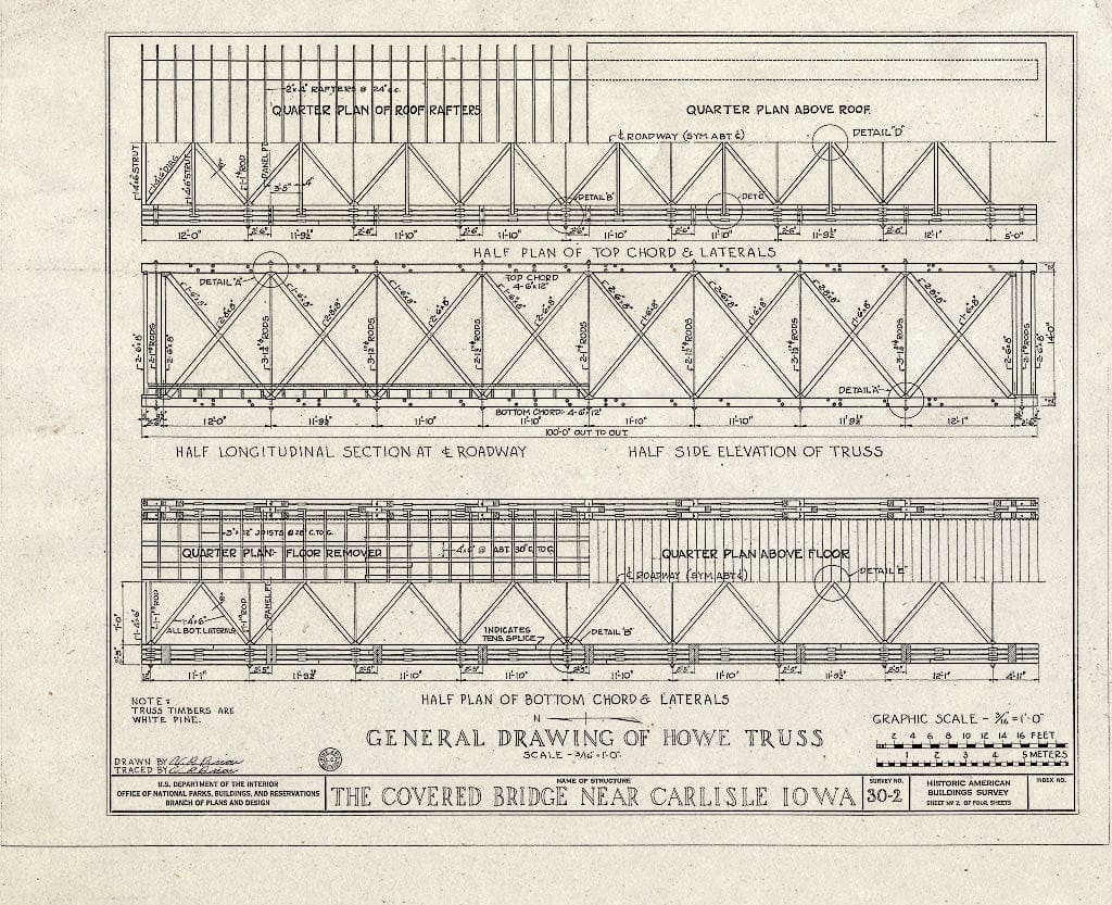 Blueprint General Drawing of Howe Truss - Covered Bridge, Carlisle, Warren County, IA