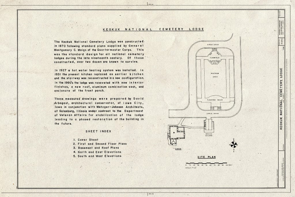 Blueprint Cover Sheet, Site Plan - Keokuk National Cemetery, Lodge, 1701 J Street, Keokuk, Lee County, IA