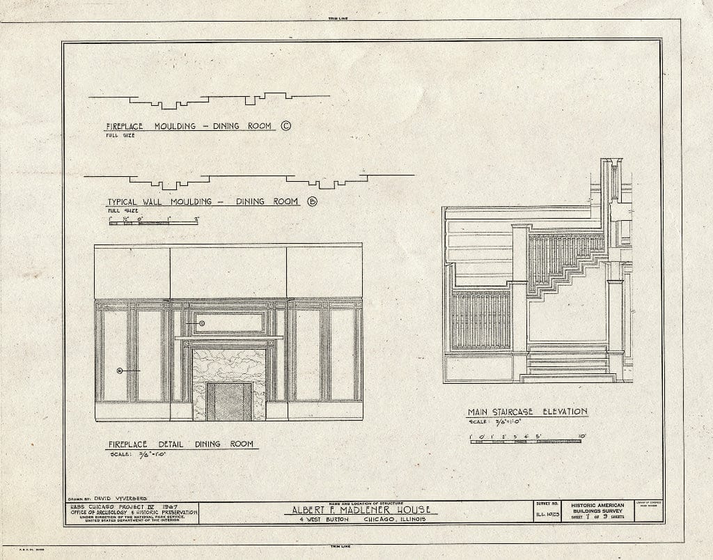 Blueprint Fireplace and Moulding Details; Main Staircase Elevation - Albert F. Madlener House, 4 West Burton Place, Chicago, Cook County, IL